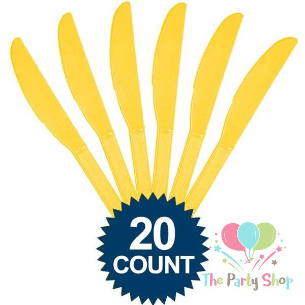 Yellow Disposable Plastic Knives (20 Pack) Knife Tableware Cutlery Birthday Party Supplies, BBQs, Picnics and Events