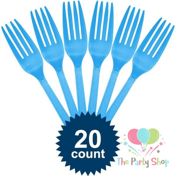 Light Blue Disposable Plastic Fork (20 Pack) Tableware Cutlery Birthday Party Supplies, BBQ, Picnics and Events