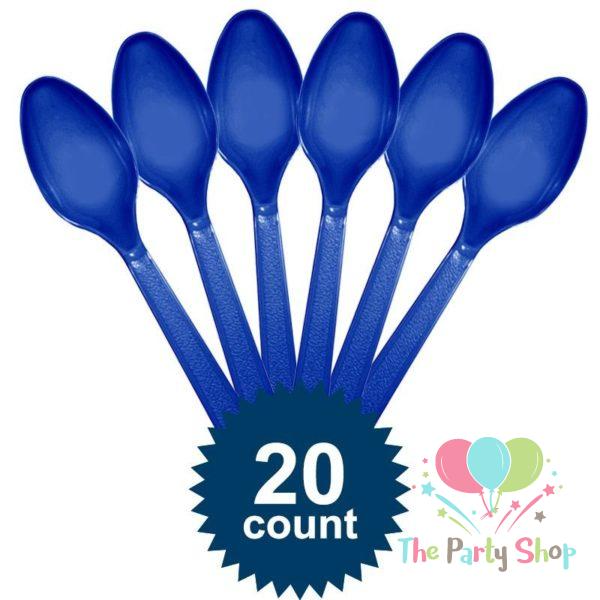 Dark Blue Disposable Plastic Spoons (20 Pack) Tableware Cutlery Birthday Party Supplies, BBQ, Picnics and Events