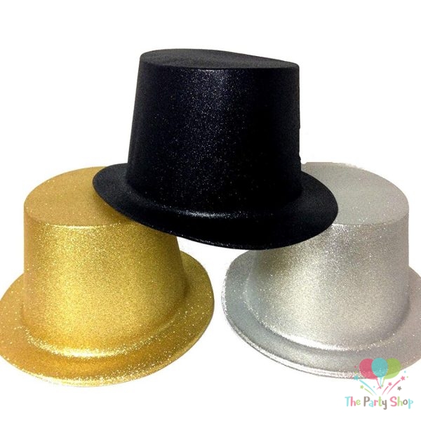 Adult Party Black Silver Gold Glittering Glitter Top Hat Unisex Costume Accessory