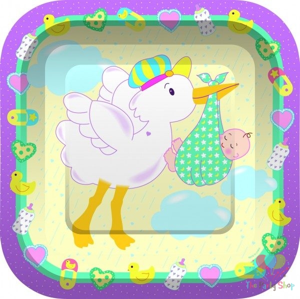 Ducky Special Delivery Baby Shower Dessert Plates 7 Inch Square Paper Plates (Pack of 8) Gender Neutral Baby Shower Themes