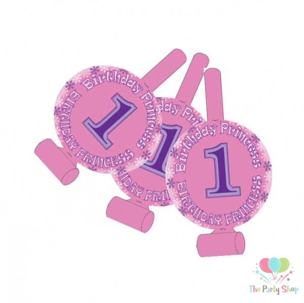 Princess 1st First Birthday Themed Blowout Horn Whistle Noise Maker Party Novelty (Pack of 8)