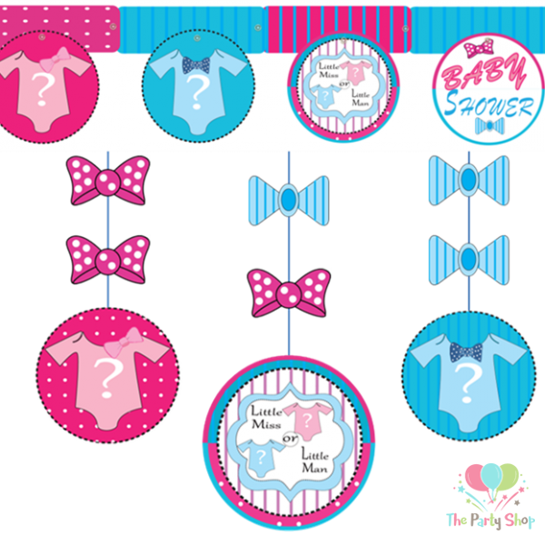Little Man Or Little Miss Gender Reveal Guess The Baby Danglers Swirl Hanging Baby Shower Decorations Party Supplies (Pack of 3)