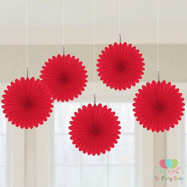 Red Tissue Paper Fan Flower Hanging Decorative Paper Flowers Decorations Pack of 5 -15cm