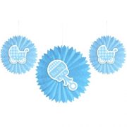 Baby Shower It's a Boy Blue Round Paper Fans Hanging Decorations 3pcs with Attachments Paper Fan Flowers Baby Shower Tissue Paper Table Backdrop Decorations