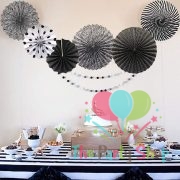 Black 6PCS Hanging Paper Fan, Colorful Tissue Paper Fan Flower Decorations Fiesta Paper Pinwheels Fan Hanging Paper Rosette Backdrop for Party Home Event Decor